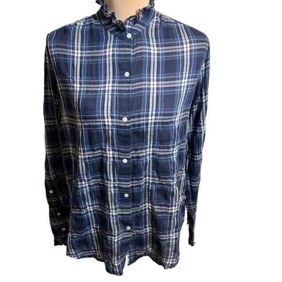 Nili Lotan Vivian Tribeca Design Shirt Navy White Plaid Ruffle Neck Medium - Picture 3 of 12